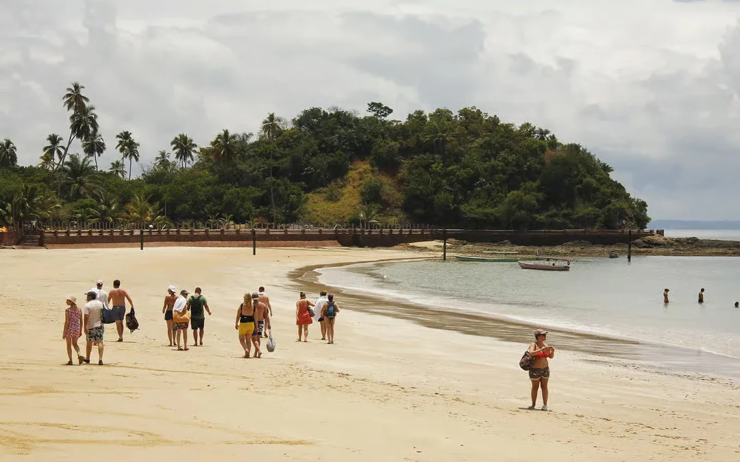 A group walking along a quiet tropical beach near Salvador
